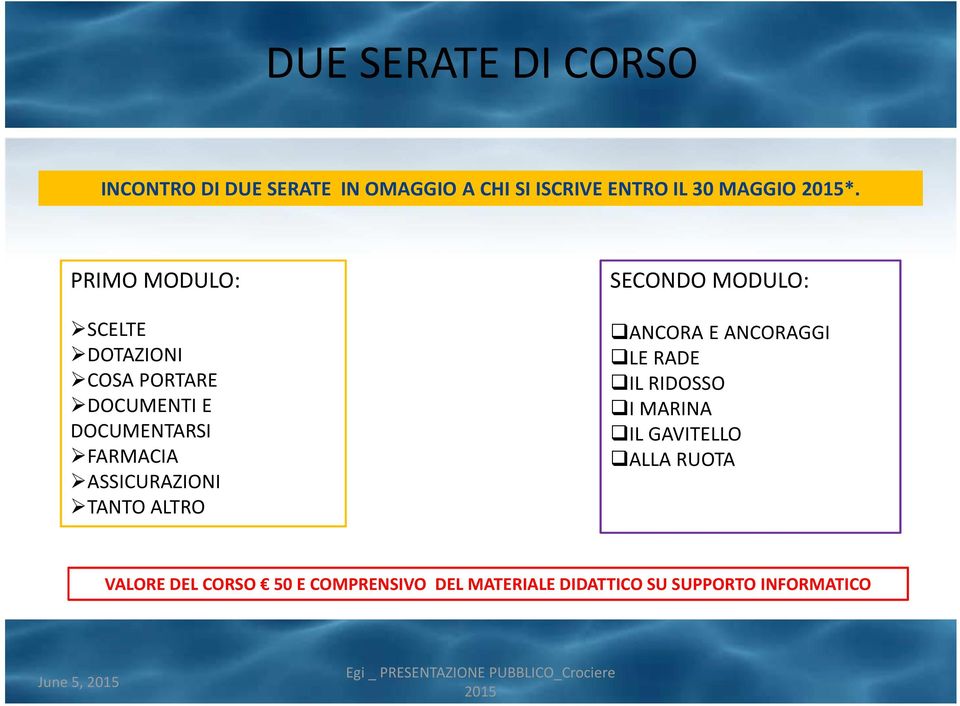 SECONDO MODULO: ANCORA E ANCORAGGI LE RADE IL RIDOSSO I MARINA IL GAVITELLO ALLA RUOTA VALORE DEL CORSO