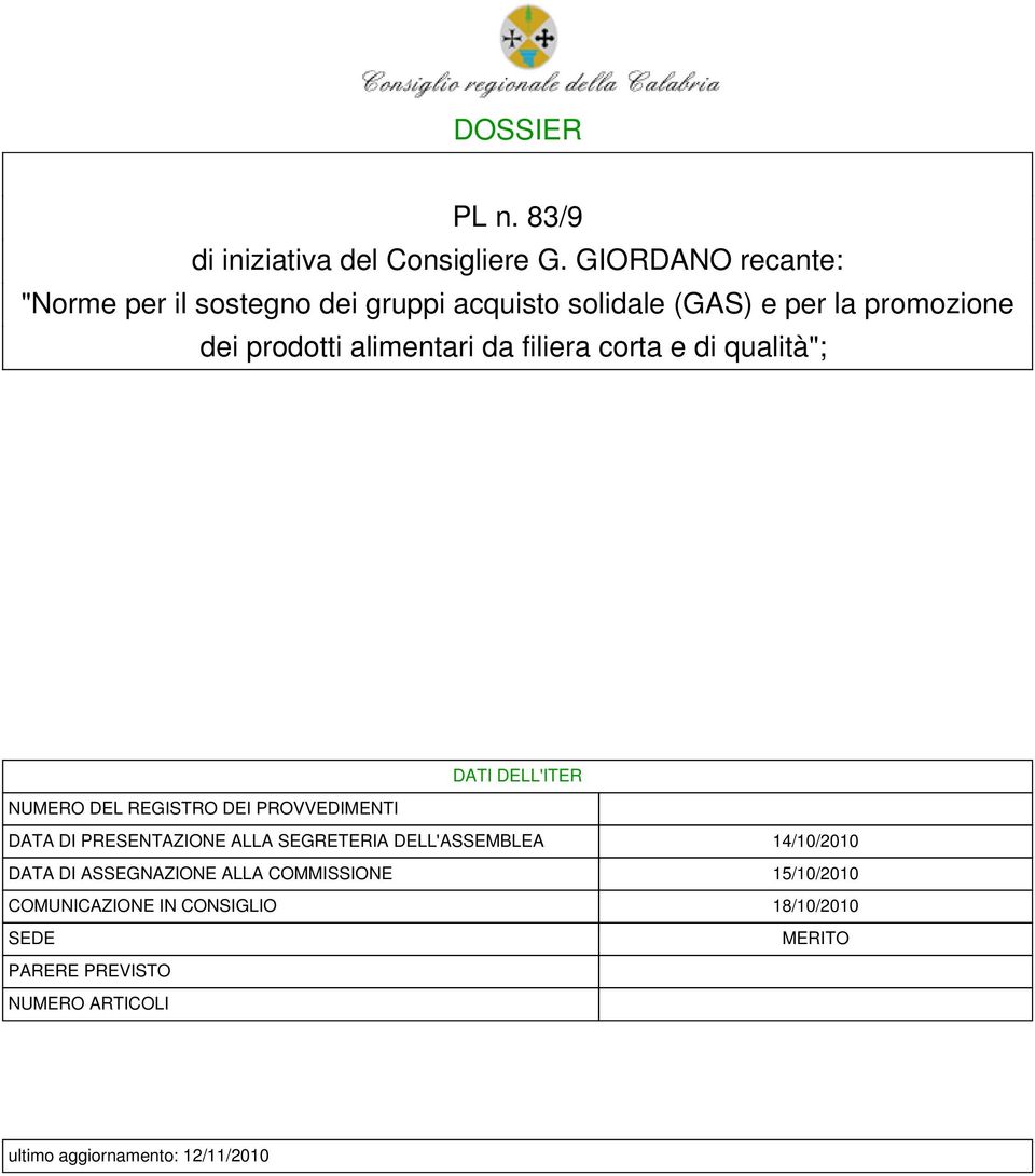 da filiera corta e di qualità"; DATI DELL'ITER NUMERO DEL REGISTRO DEI PROVVEDIMENTI DATA DI PRESENTAZIONE ALLA