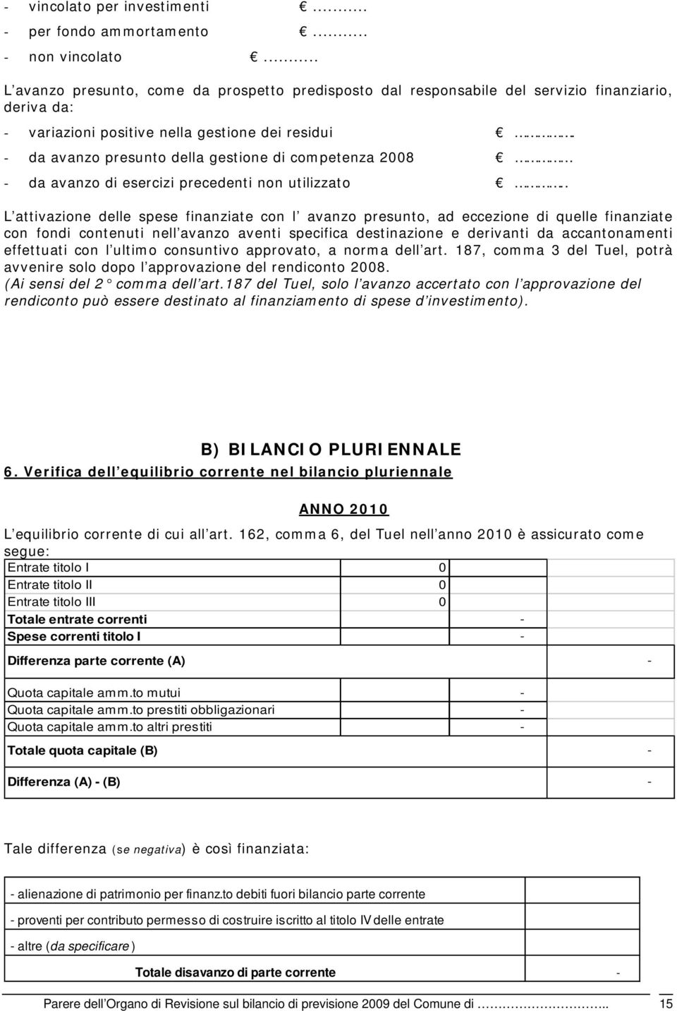 - da avanzo presunto della gestione di competenza 2008 - da avanzo di esercizi precedenti non utilizzato.