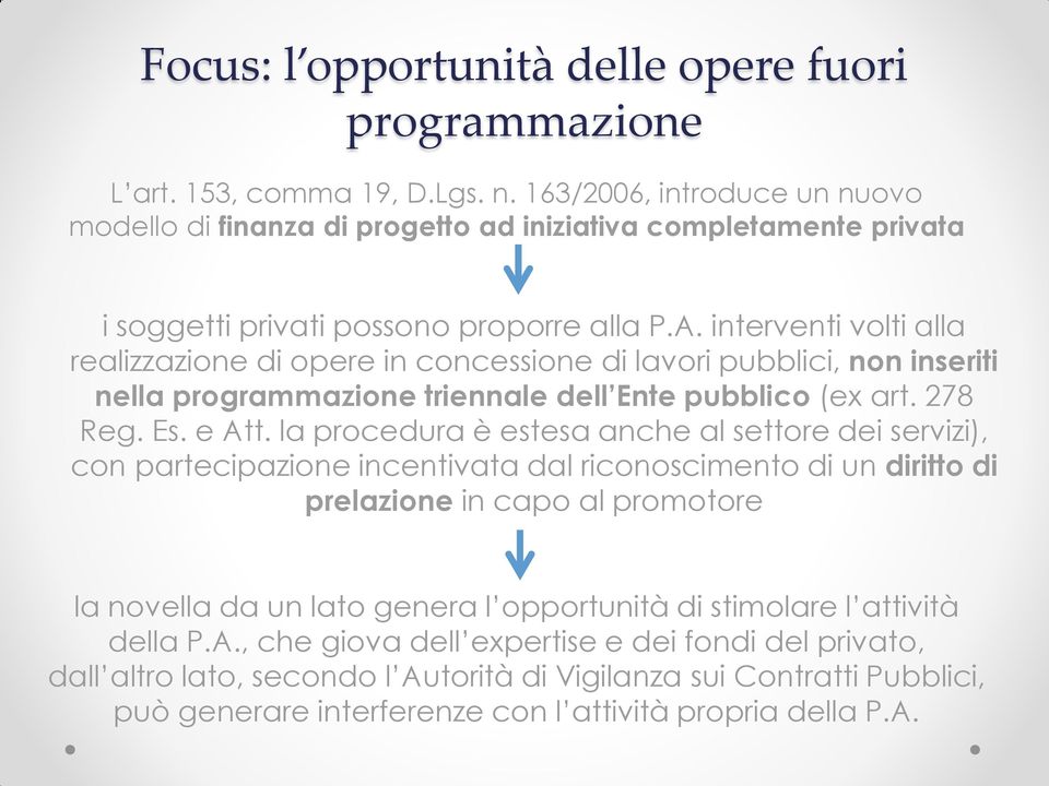 interventi volti alla realizzazione di opere in concessione di lavori pubblici, non inseriti nella programmazione triennale dell Ente pubblico (ex art. 278 Reg. Es. e Att.