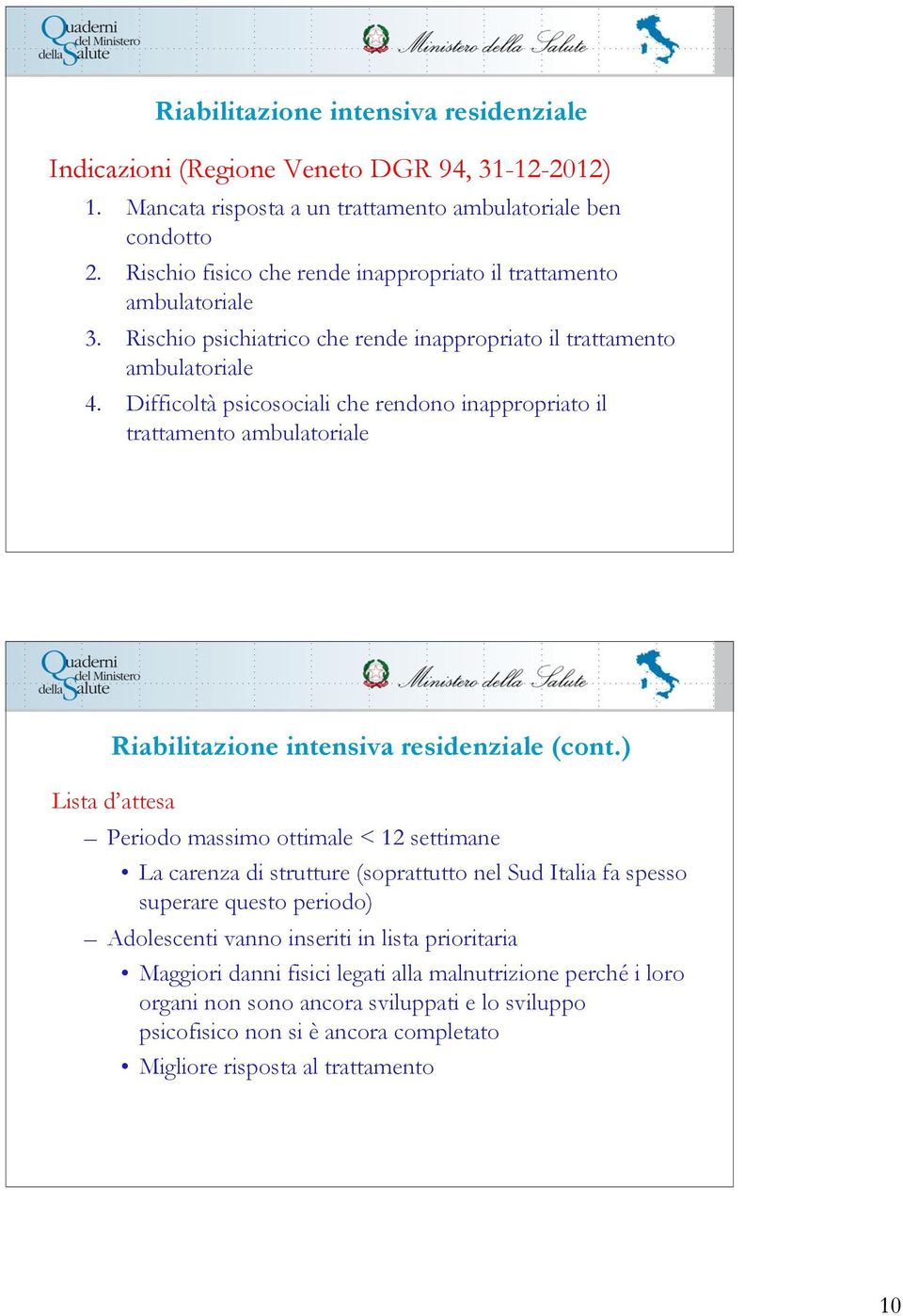 Difficoltà psicosociali che rendono inappropriato il trattamento ambulatoriale Riabilitazione intensiva residenziale (cont.