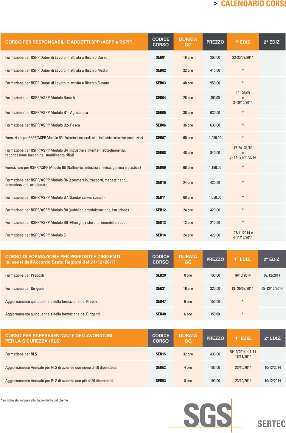 3-10/10/2014 Formazione per RSPP/ASPP Modulo B1- Agricoltura SER05 36 ore 630,00 * Formazione per RSPP/ASPP Modulo B2- Pesca SER06 36 ore 630,00 * Formazione per RSPP/ASPP Modulo B3- Estrazioni