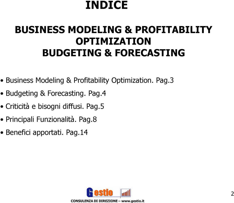 Pag.3 Budgeting & Forecasting. Pag.4 Criticità e bisogni diffusi.