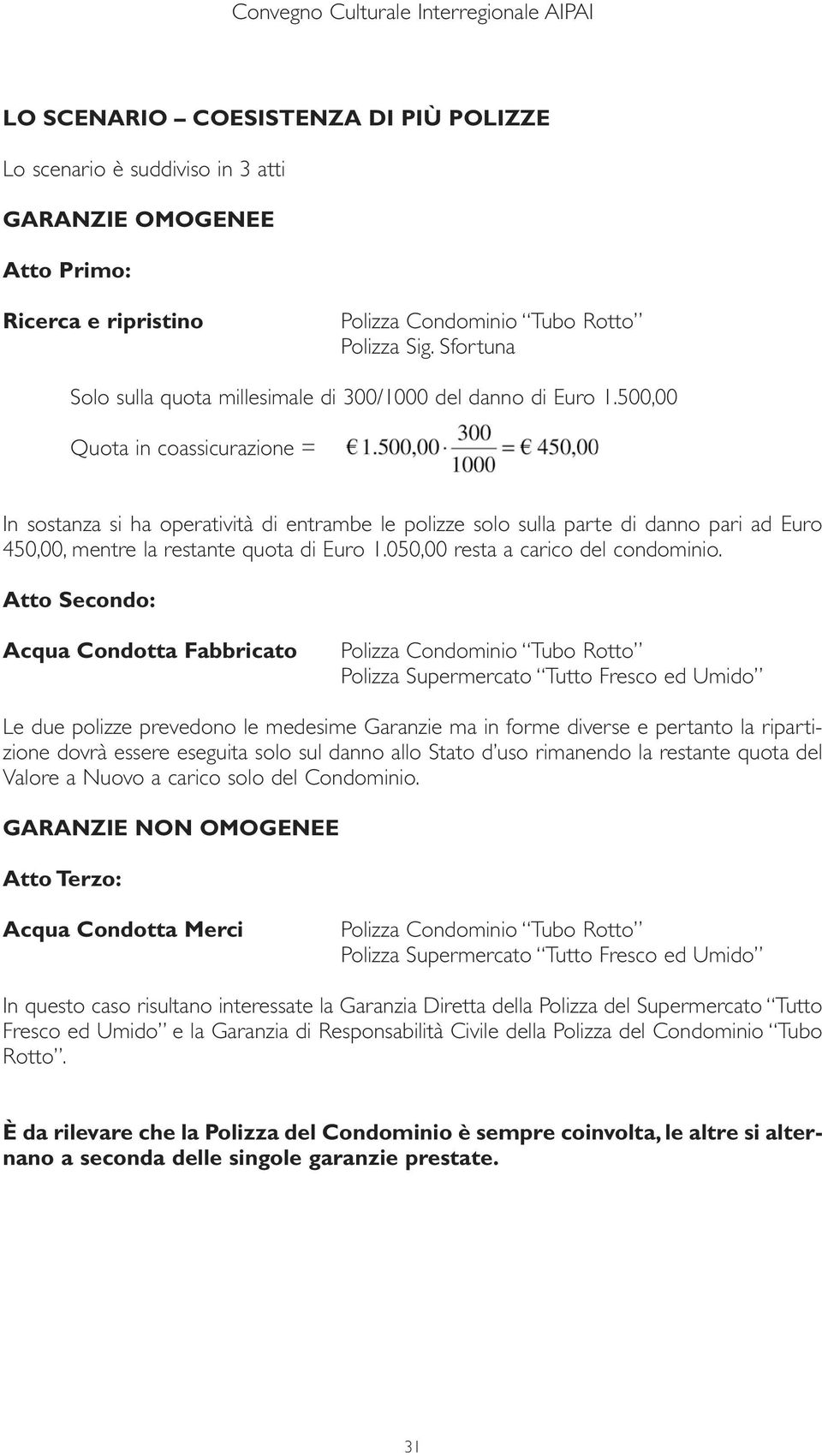 500,00 Quota in coassicurazione = In sostanza si ha operatività di entrambe le polizze solo sulla parte di danno pari ad Euro 450,00, mentre la restante quota di Euro 1.