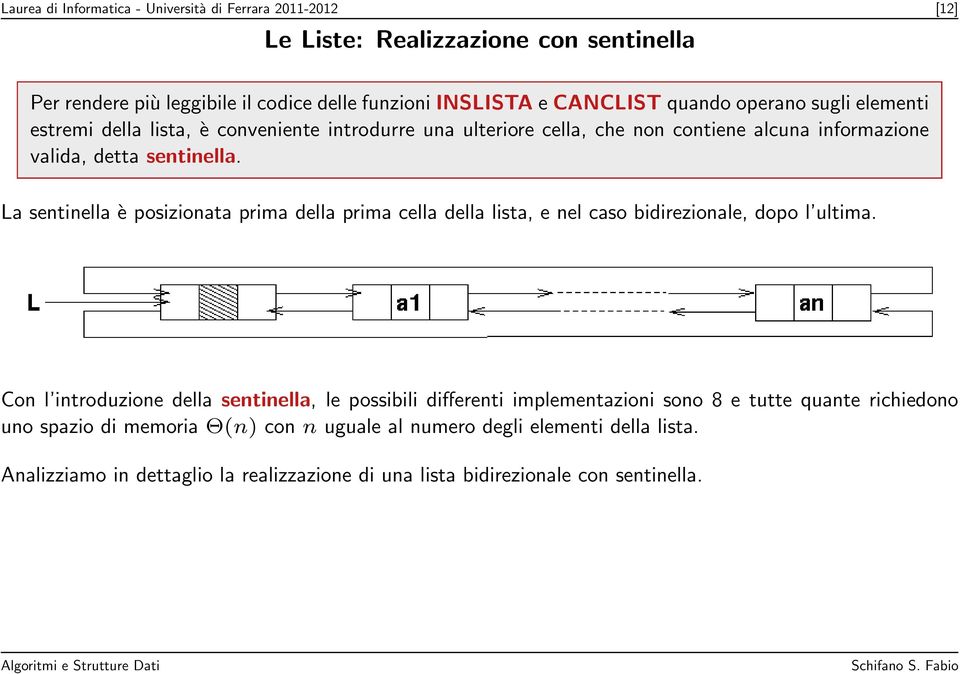 La sentinella è posizionata prima della prima cella della lista, e nel caso bidirezionale, dopo l ultima.