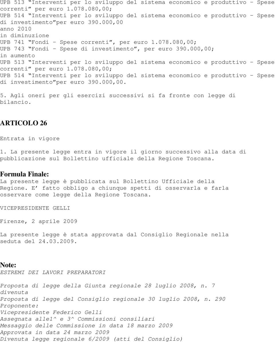 080,00; UPB 743 Fondi Spese di investimento, per euro 390.000,00; in aumento 080,00; UPB 514 Interventi per lo sviluppo del sistema economico e produttivo - Spese di investimento per euro 390.000,00. 5. Agli oneri per gli esercizi successivi si fa fronte con legge di bilancio.