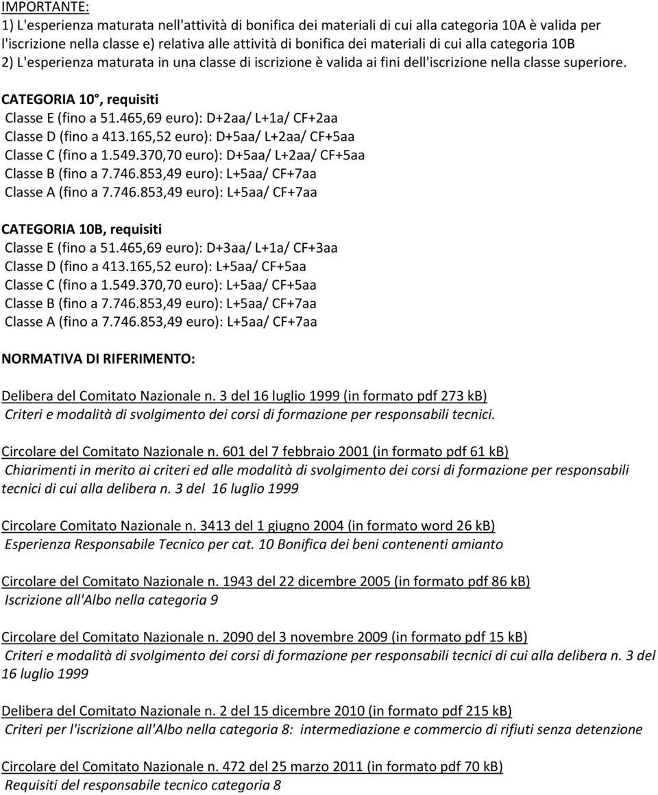 465,69 euro): D+2aa/ L+1a/ CF+2aa Classe D (fino a 413.165,52 euro): D+5aa/ L+2aa/ CF+5aa Classe C (fino a 1.549.370,70 euro): D+5aa/ L+2aa/ CF+5aa Classe B (fino a 7.746.