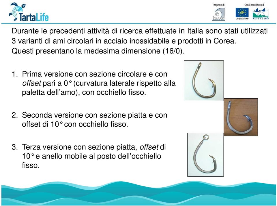 Prima versione con sezione circolare e con offset pari a 0 (curvatura laterale rispetto alla paletta dell amo), con occhiello