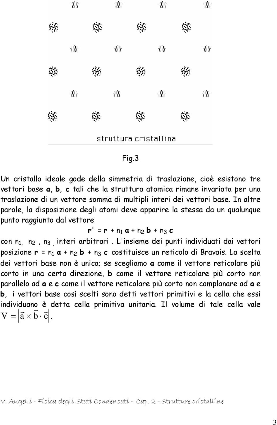 In altre parole, la disposizione degli atomi deve apparire la stessa da un qualunque punto raggiunto dal vettore r' = r + n 1 a + n 2 b + n 3 c con n 1, n 2, n 3, interi arbitrari.