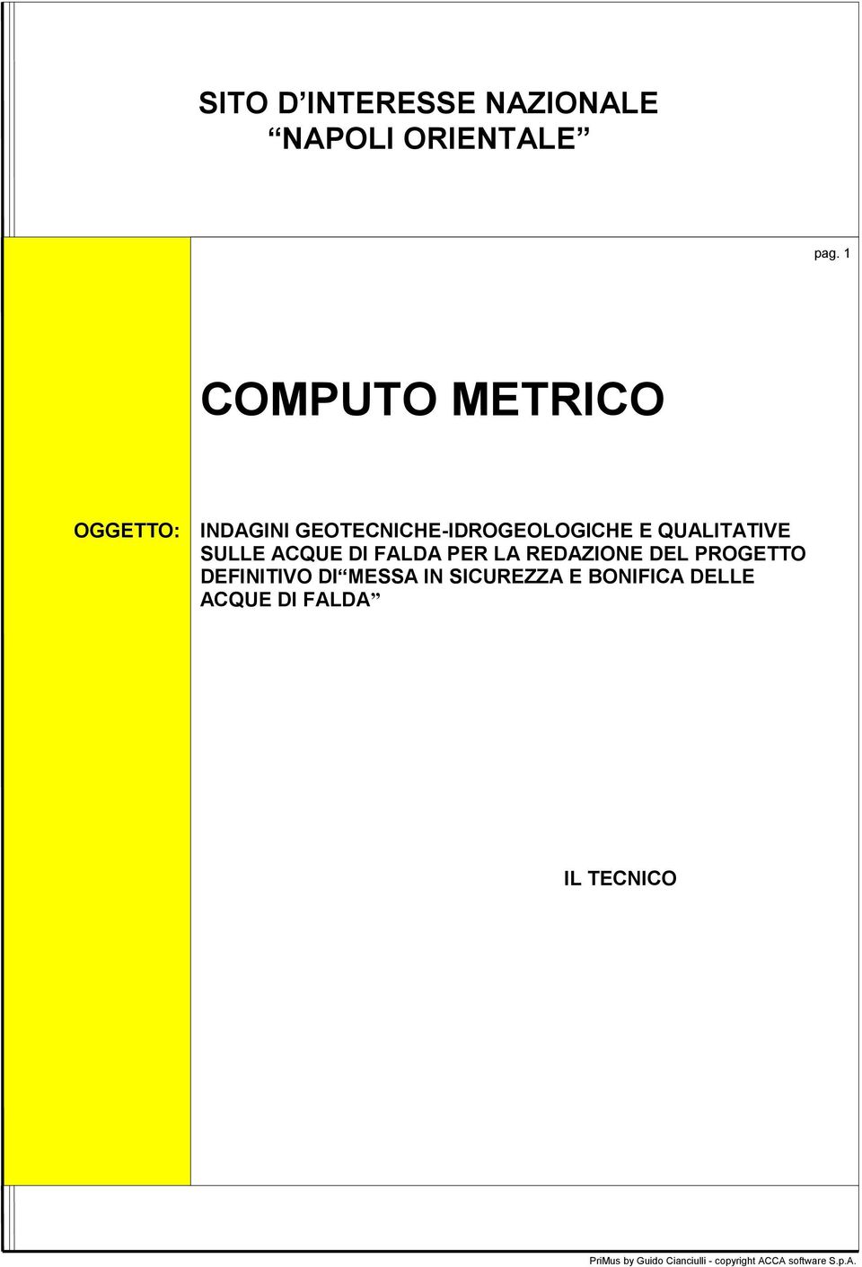 SULLE ACQUE DI FALDA PER LA REDAZIONE DEL PROGETTO DEFINITIVO DI MESSA IN