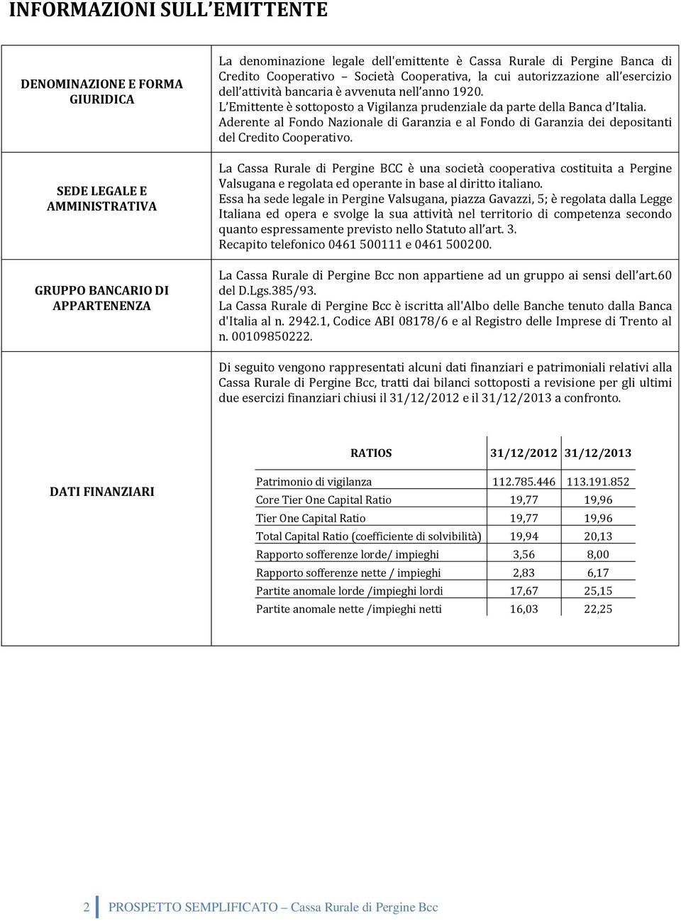 L Emittente è sottoposto a Vigilanza prudenziale da parte della Banca d Italia. Aderente al Fondo Nazionale di Garanzia e al Fondo di Garanzia dei depositanti del Credito Cooperativo.