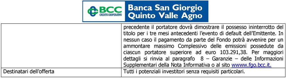 In nessun caso il pagamento da parte del Fondo potrà avvenire per un ammontare massimo Complessivo delle emissioni possedute da