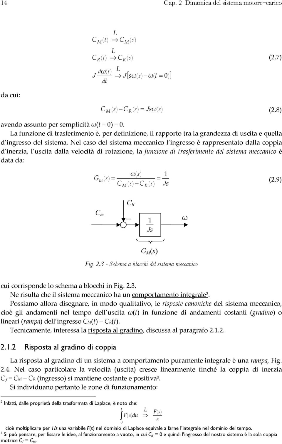 Nel caso del sisema meccanico l ingresso è rappresenao dalla coppia d inerzia, l uscia dalla velocià di roazione, la funzione di rasferimeno del sisema meccanico è daa da: G m ( s) ( s ) = = (2.