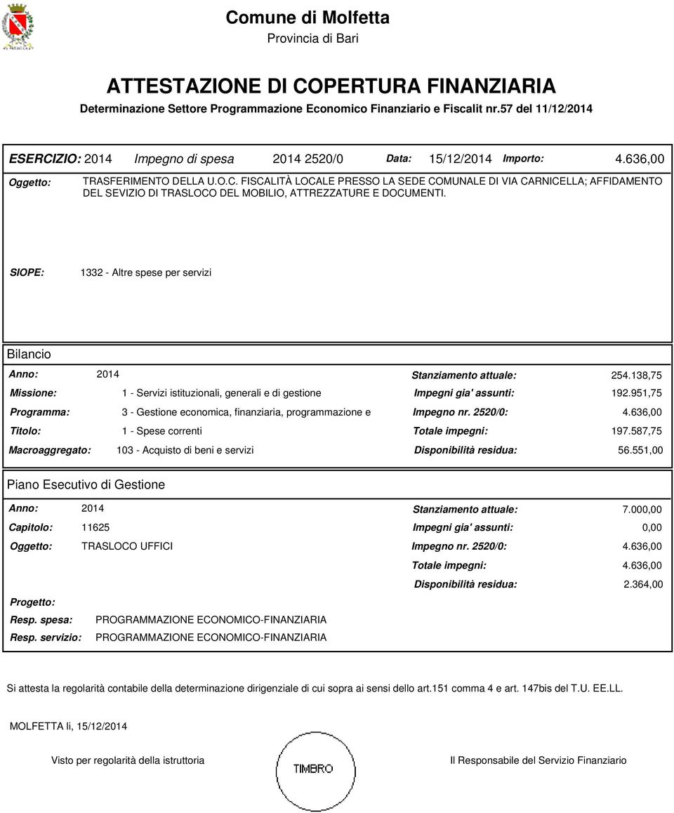 SIOPE: 1332 - Altre spese per servizi Bilancio Anno: 2014 Missione: 1 - Servizi istituzionali, generali e di gestione Programma: 3 - Gestione economica, finanziaria, programmazione e Titolo: 1 -