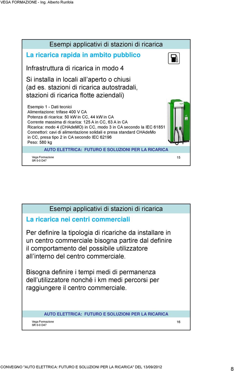 ricarica: 125 A in CC, 63 A in CA Ricarica: modo 4 (CHAdeMO) in CC, modo 3 in CA secondo la IEC 61851 Connettori: cavi di alimentazione solidali e presa standard CHAdeMo in CC, presa tipo 2 in CA