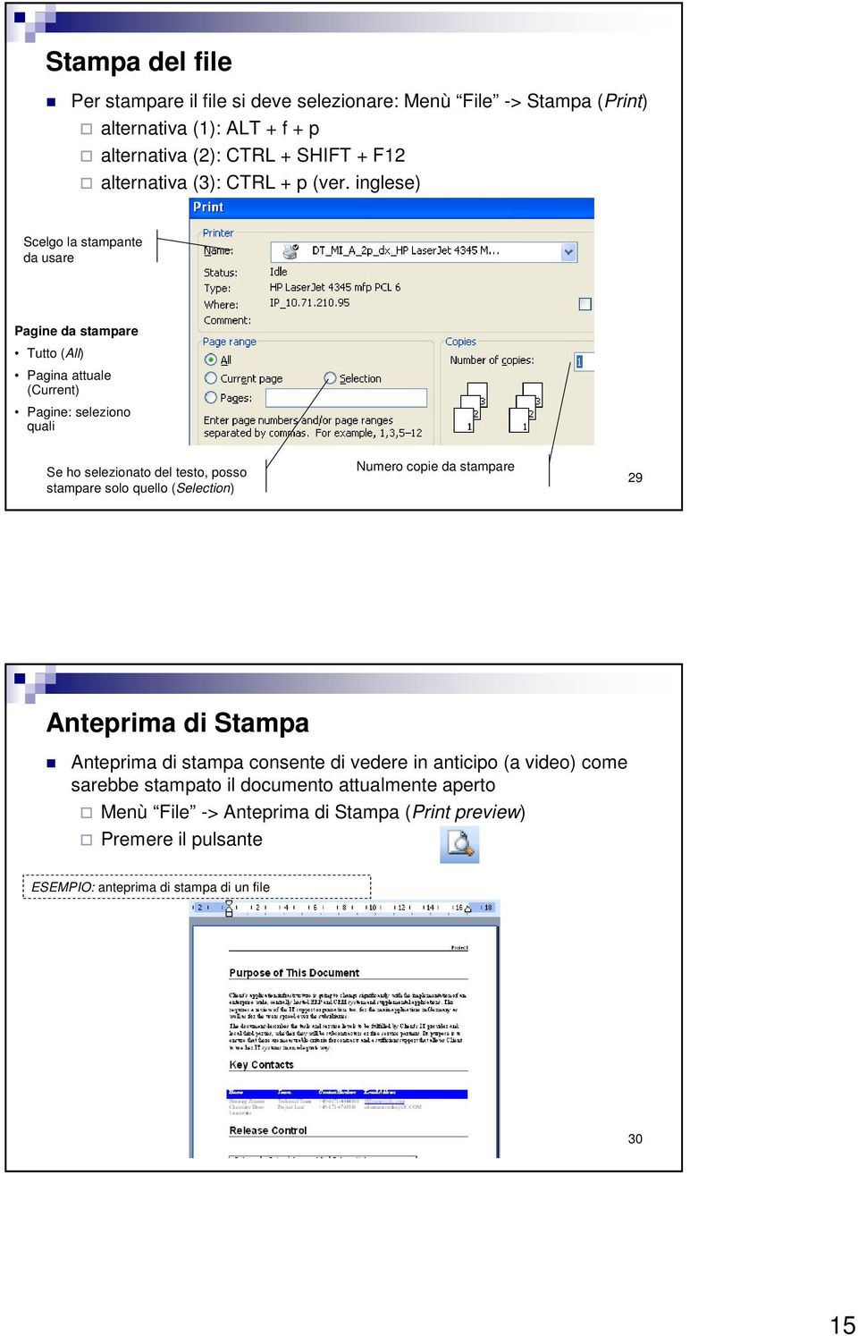 inglese) Scelgo la stampante da usare Pagine da stampare Tutto (All) Pagina attuale (Current) Pagine: seleziono quali Se ho selezionato del testo, posso stampare