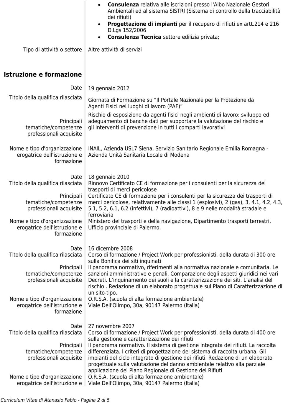 Lgs 152/2006 Consulenza Tecnica settore edilizia privata; Tipo di attività o settore Altre attività di servizi Istruzione e Date Titolo della qualifica rilasciata Principali tematiche/competenze