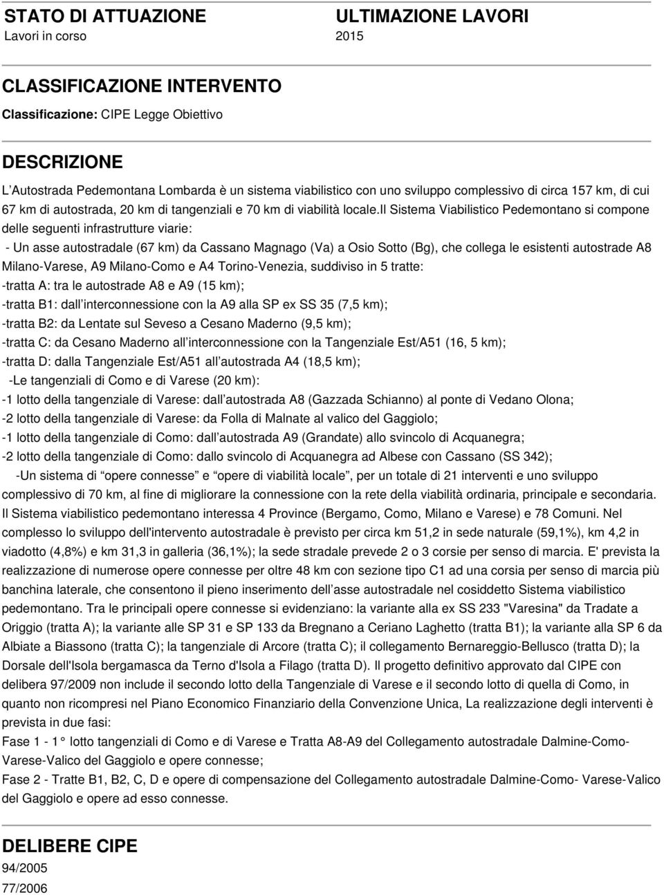 il Sistema Viabilistico Pedemontano si compone delle seguenti infrastrutture viarie: - Un asse autostradale (67 km) da Cassano Magnago (Va) a Osio Sotto (Bg), che collega le esistenti autostrade A8