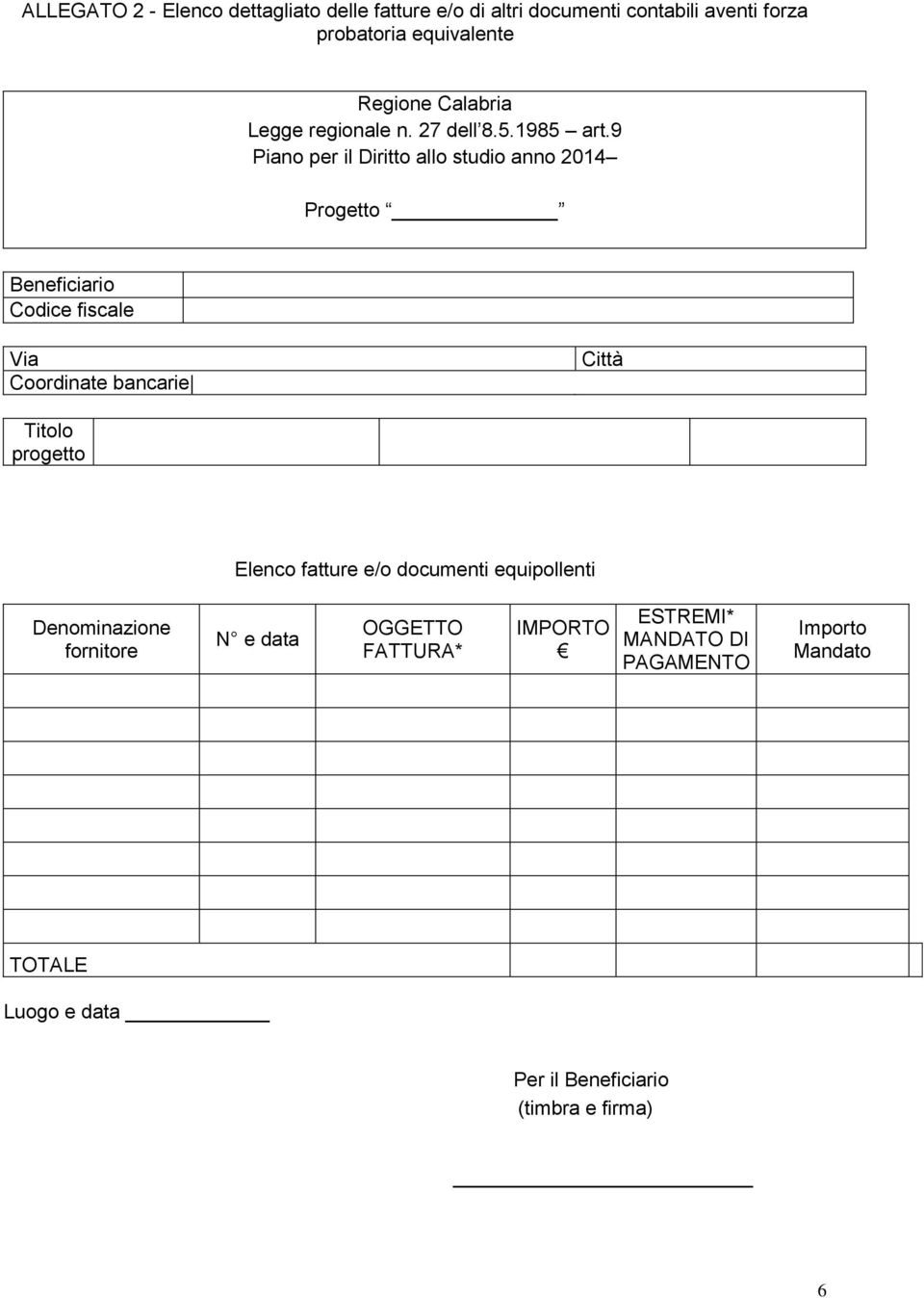 9 Piano per il Diritto allo studio anno 2014 Progetto Beneficiario Codice fiscale Via Coordinate bancarie Città Titolo