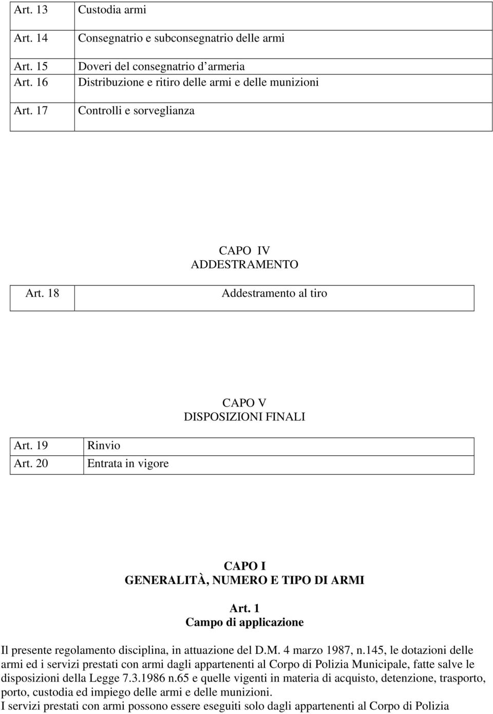 18 Addestramento al tiro CAPO V DISPOSIZIONI FINALI Art. 19 Art. 20 Rinvio Entrata in vigore CAPO I GENERALITÀ, NUMERO E TIPO DI ARMI Art.