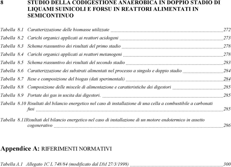 5 Schema riassuntivo dei risultati del secondo stadio 283 Tabella 8.6 Caratterizzazione dei substrati alimentati nel processo a singolo e doppio stadio 284 Tabella 8.