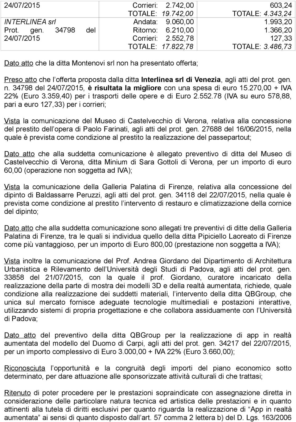 gen. n. 34798 del 24/07/2015, è risultata la migliore con una spesa di euro 15.270,00 + IVA 22% (Euro 3.359,40) per i trasporti delle opere e di Euro 2.552.