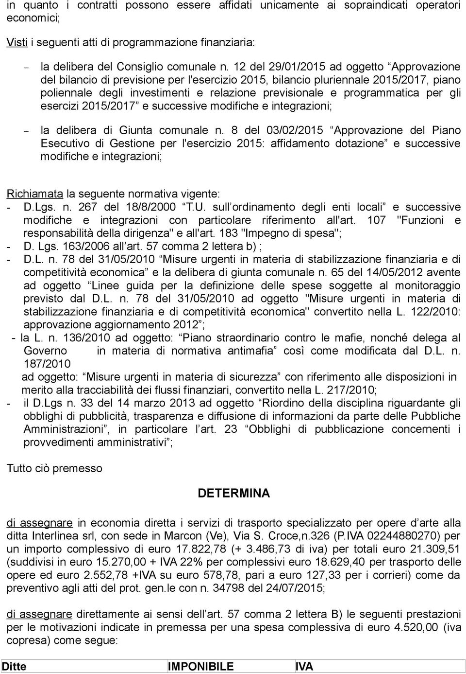 per gli esercizi 2015/2017 e successive modifiche e integrazioni; la delibera di Giunta comunale n.