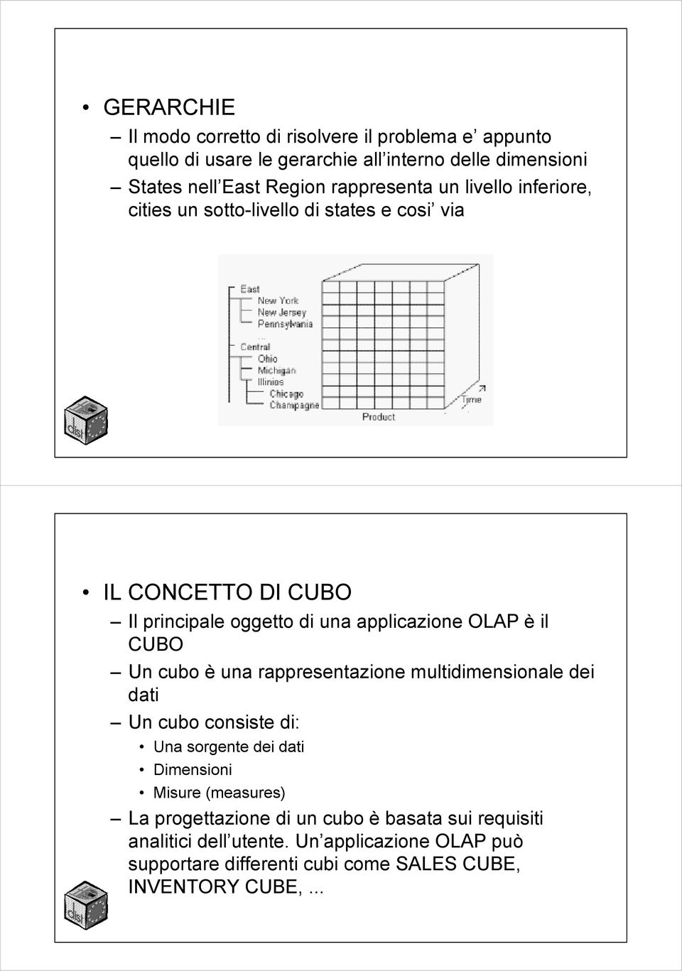 il CUBO Un cubo è una rappresentazione multidimensionale dei dati Un cubo consiste di: Una sorgente dei dati Dimensioni Misure (measures) La