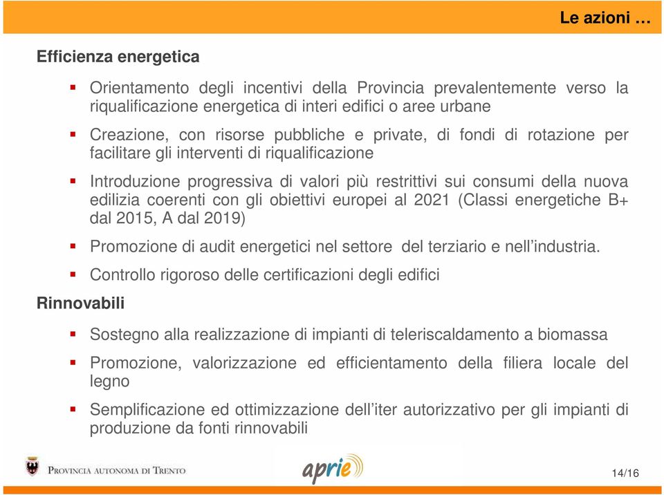 al 2021 (Classi energetiche B+ dal 2015, A dal 2019) Promozione di audit energetici nel settore del terziario e nell industria.