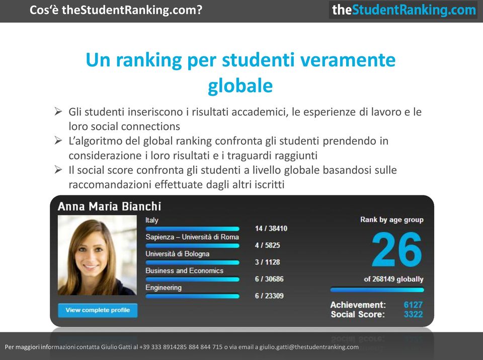 esperienze di lavoro e le loro social connections L algoritmo del global ranking confronta gli studenti