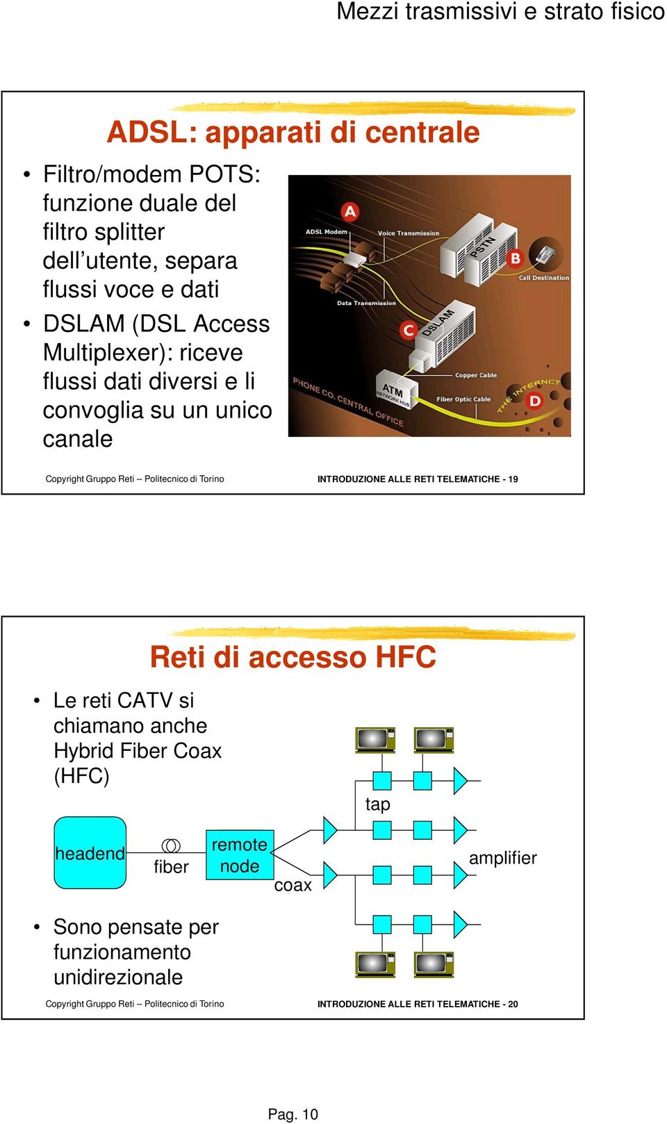 RETI TELEMATICHE - 19 Reti di accesso HFC Le reti CATV si chiamano anche Hybrid Fiber Coax (HFC) tap headend fiber