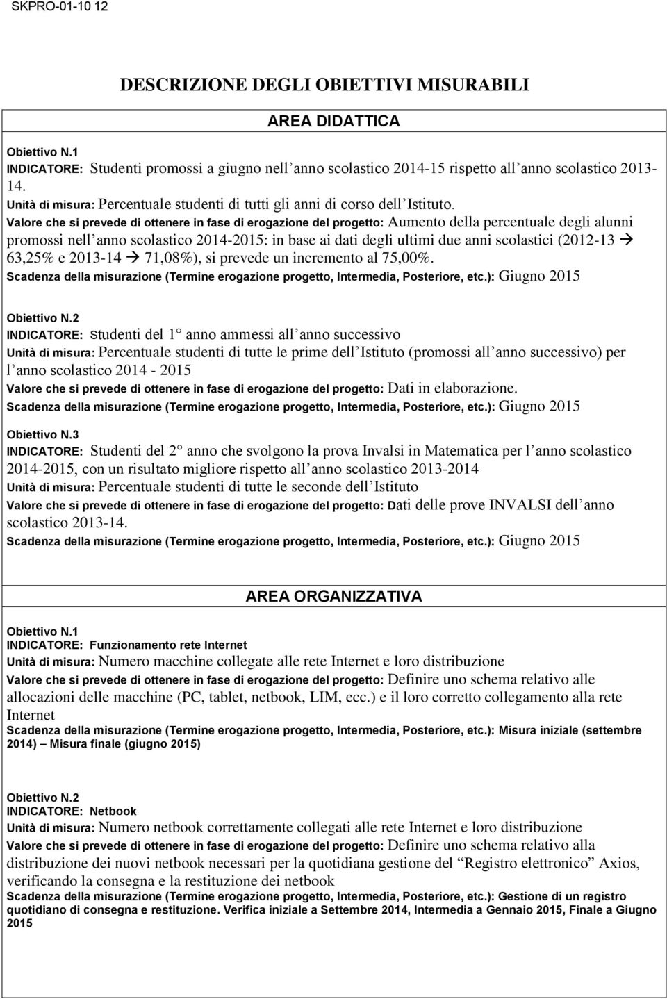 Valore che si prevede di ottenere in fase di erogazione del progetto: Aumento della percentuale degli alunni promossi nell anno scolastico 2014-2015: in base ai dati degli ultimi due anni scolastici