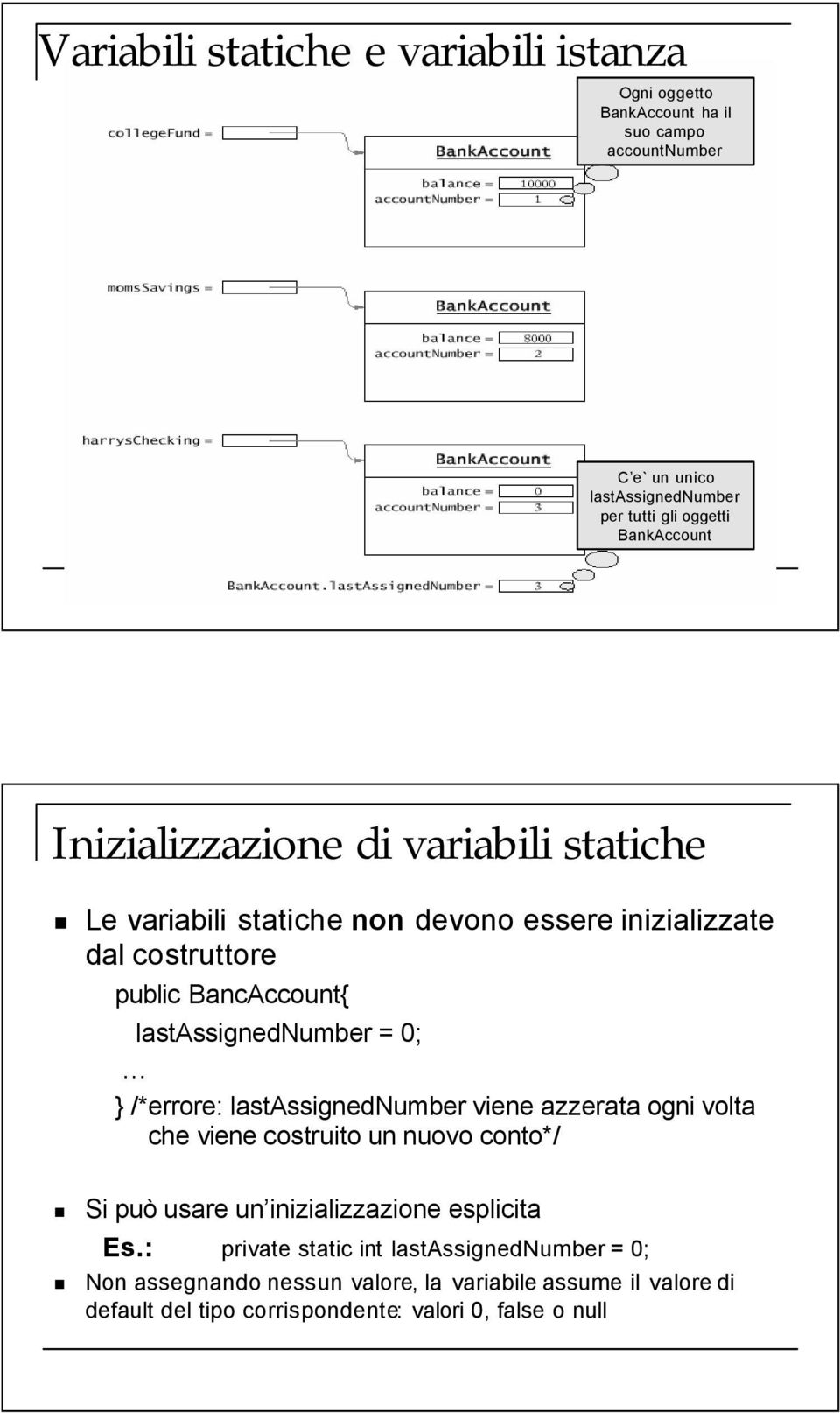 lastassignednumber = 0; /*errore: lastassignednumber viene azzerata ogni volta che viene costruito un nuovo conto*/ Si può usare un inizializzazione