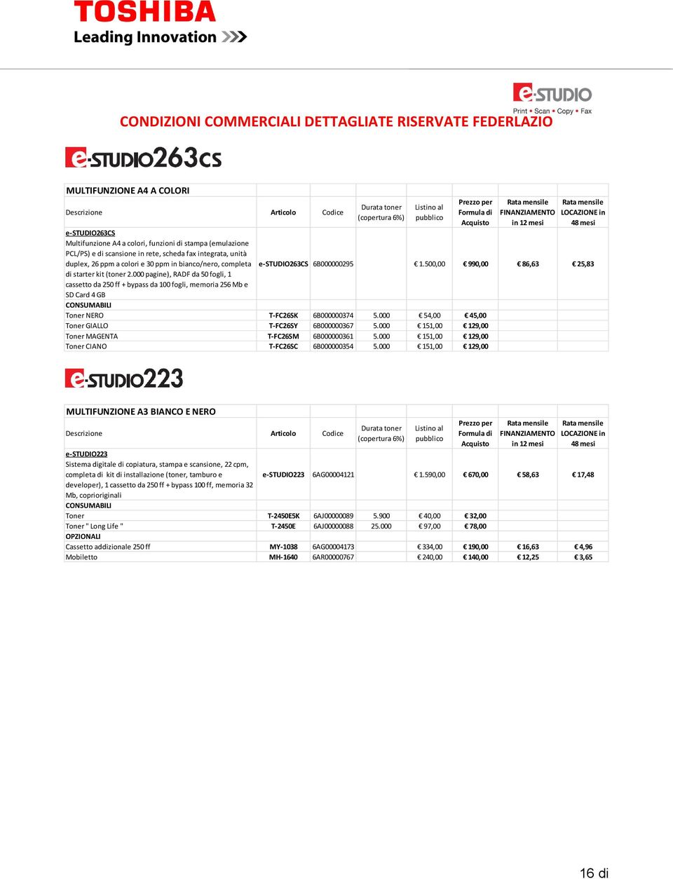 duplex, 26 ppm a colori e 30 ppm in bianco/nero, completa e-studio263cs 6B000000295 1.500,00 990,00 86,63 25,83 di starter kit (toner 2.
