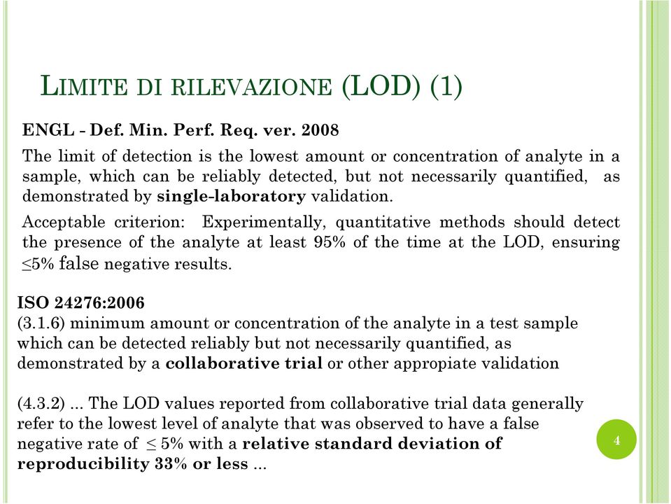 validation. Acceptable criterion: Experimentally, quantitative methods should detect the presence of the analyte at least 95% of the time at the LOD, ensuring 5% false negative results.