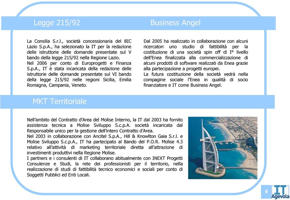 , IT è stata incaricata della redazione delle istruttorie delle domande presentate sul VI bando della legge 215/92 nelle regioni Sicilia, Emilia Romagna, Campania, Veneto.