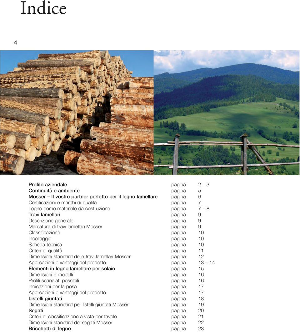 Criteri di qualità pagina 11 Dimensioni standard delle travi lamellari Mosser pagina 12 Applicazioni e vantaggi del prodotto pagina 13 14 Elementi in legno lamellare per solaio pagina 15 Dimensioni e