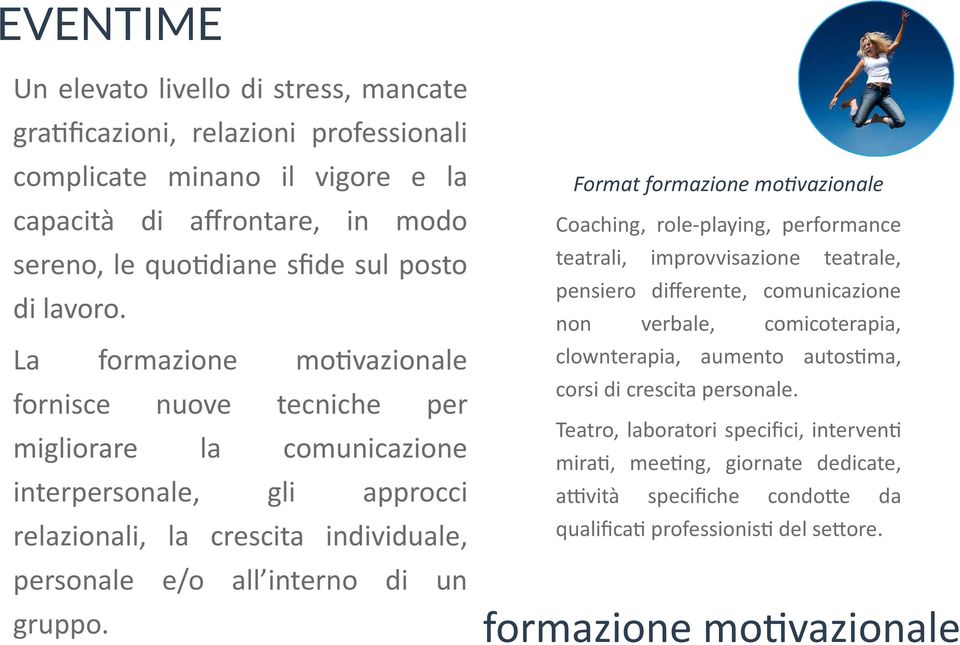 Format formazione movazionale Coaching, role-playing, performance teatrali, improvvisazione teatrale, pensiero differente, comunicazione non verbale, comicoterapia, clownterapia, aumento