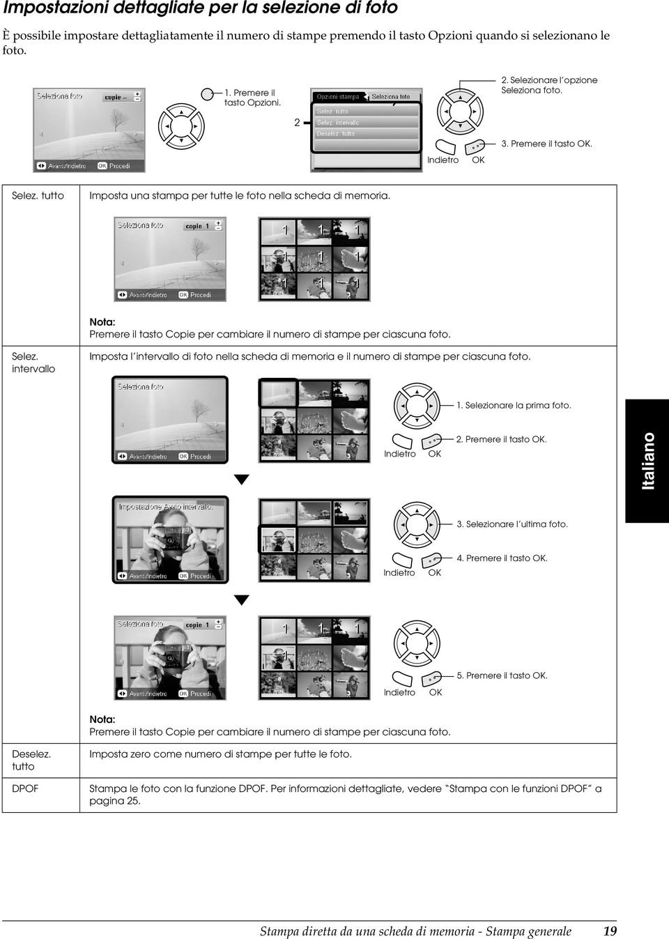 Premere il tasto Copie per cambiare il numero di stampe per ciascuna foto. Selez. intervallo Imposta l intervallo di foto nella scheda di memoria e il numero di stampe per ciascuna foto. 1.