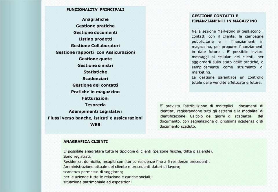 Nella sezione Marketing si gestiscono i contatti con il cliente, le campagne pubblicitarie e i finanziamenti in magazzino, per proporre finanziamenti in date future.