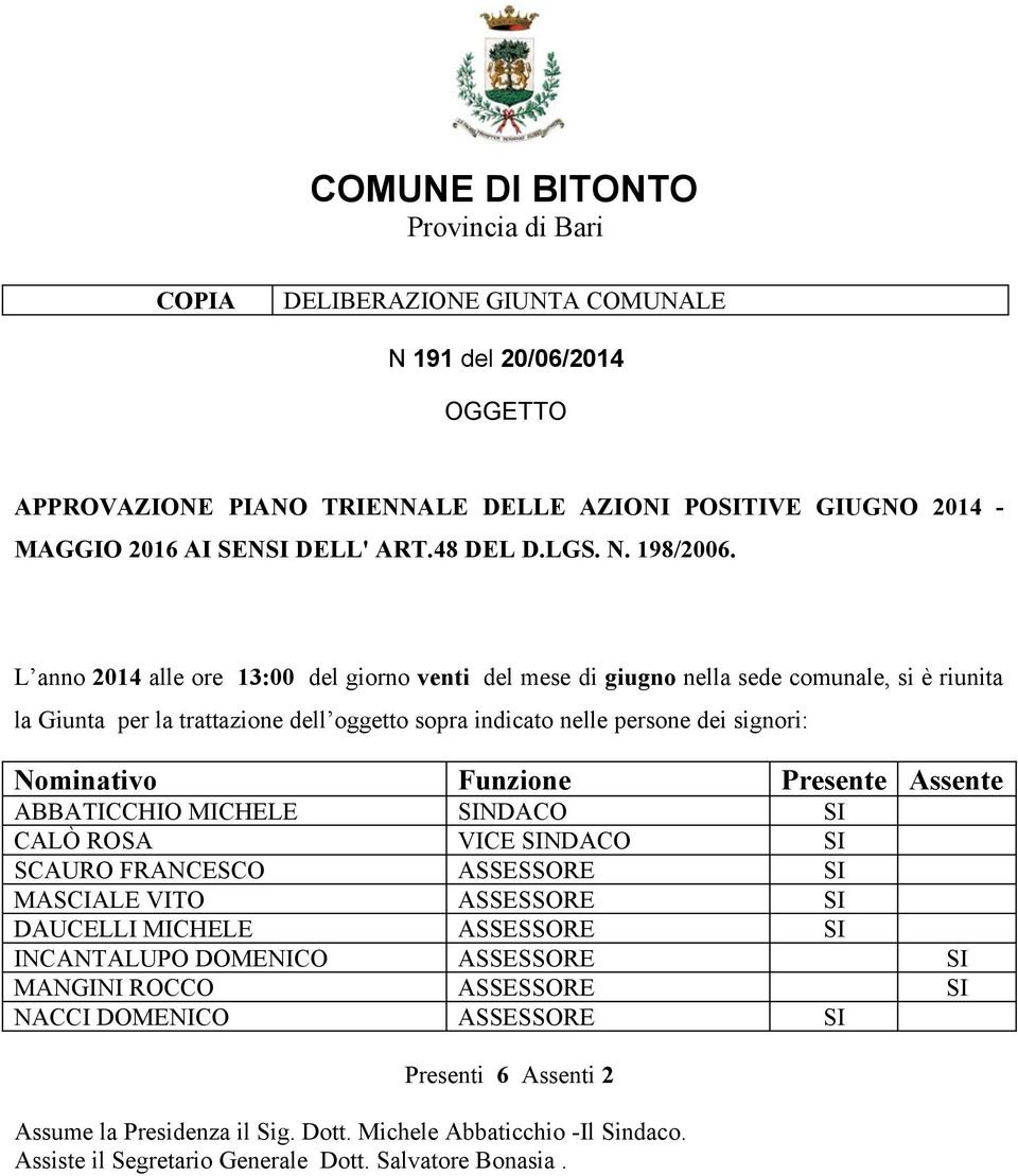 L anno 2014 alle ore 13:00 del giorno venti del mese di giugno nella sede comunale, si è riunita la Giunta per la trattazione dell oggetto sopra indicato nelle persone dei signori: Nominativo