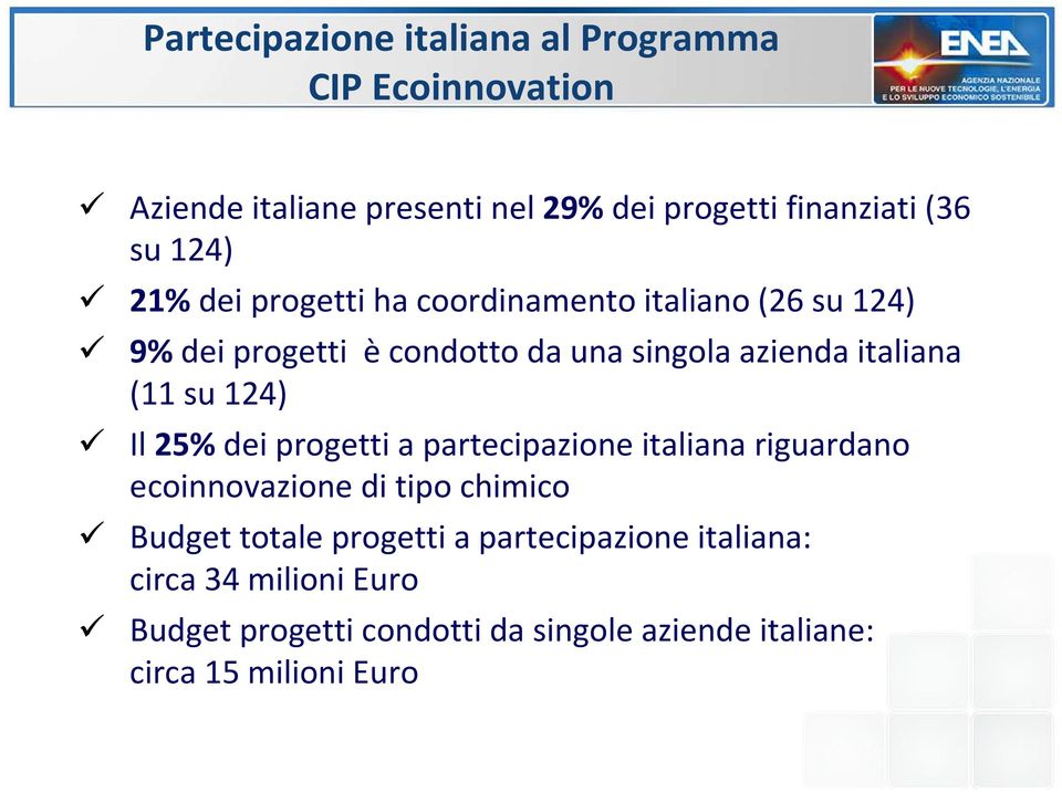 su 124) Il 25%dei progetti a partecipazione italiana riguardano ecoinnovazione di tipo chimico Budget totale progetti a