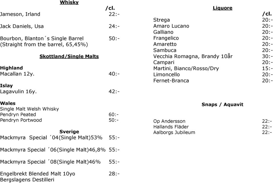 42:- Wales Single Malt Welsh Whisky Pendryn Peated 60:- Pendryn Portwood 50:- Sverige Mackmyra Special 04(Single Malt)53% 55:- Liquore Strega 20:- Amaro Lucano 20:- Galliano 20:-