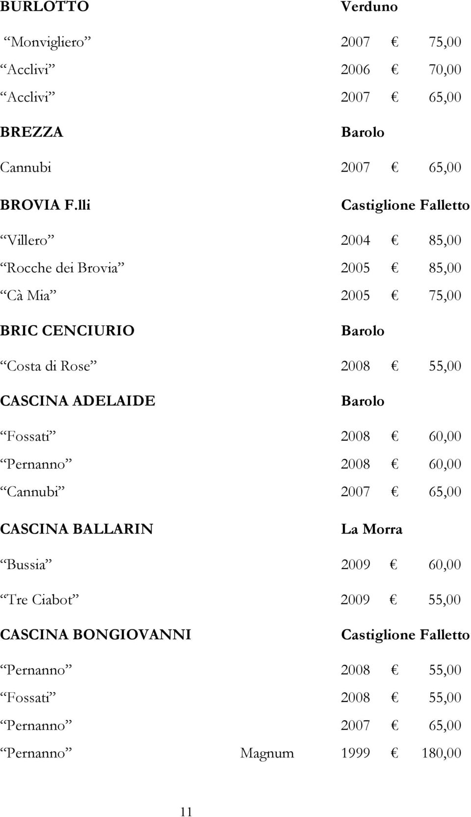 55,00 CASCINA ADELAIDE Barolo Fossati 2008 60,00 Pernanno 2008 60,00 Cannubi 2007 65,00 CASCINA BALLARIN La Morra Bussia 2009 60,00