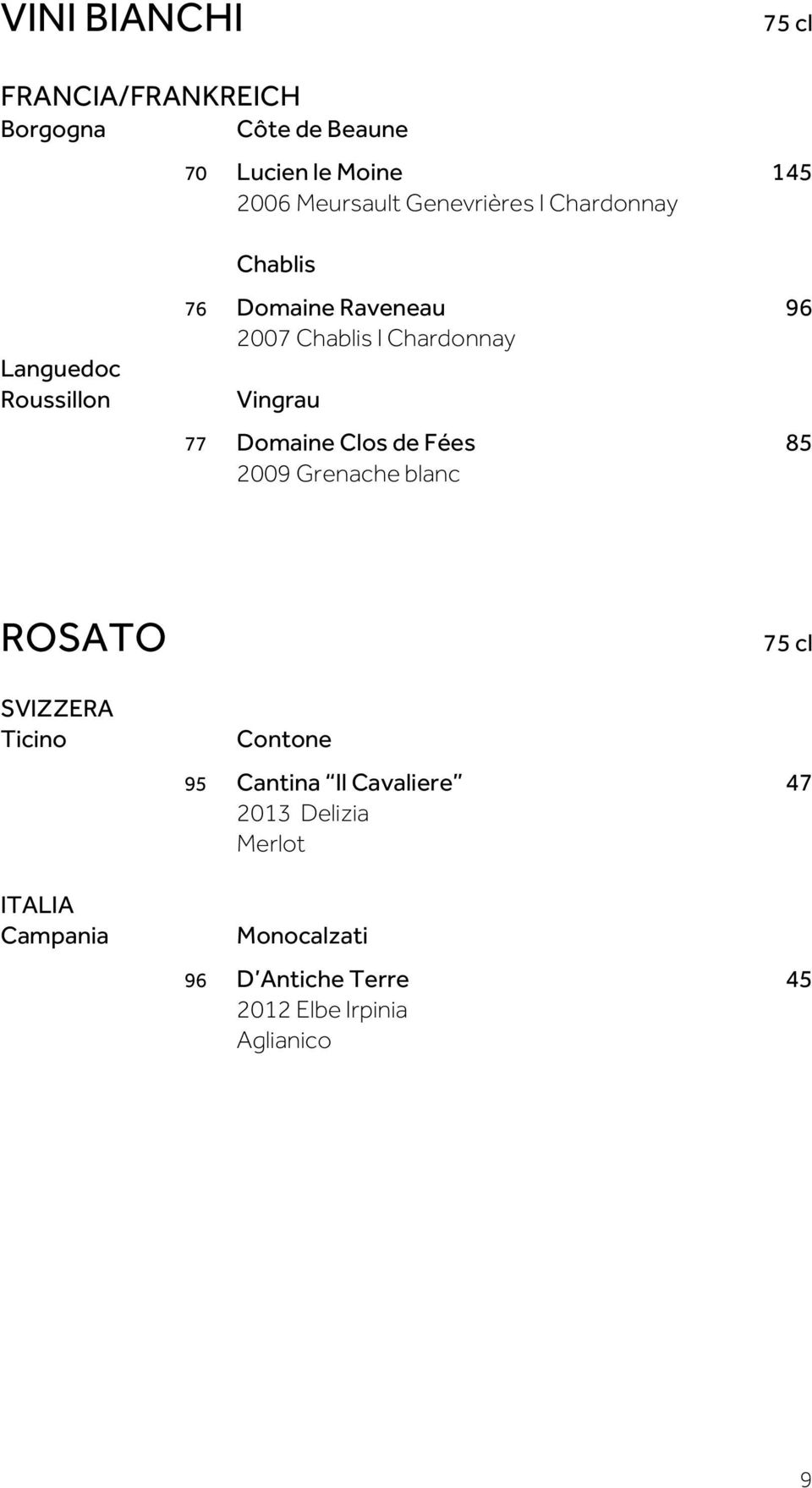 Chardonnay Vingrau 77 Domaine Clos de Fées 85 2009 Grenache blanc ROSATO SVIZZERA Ticino ITALIA