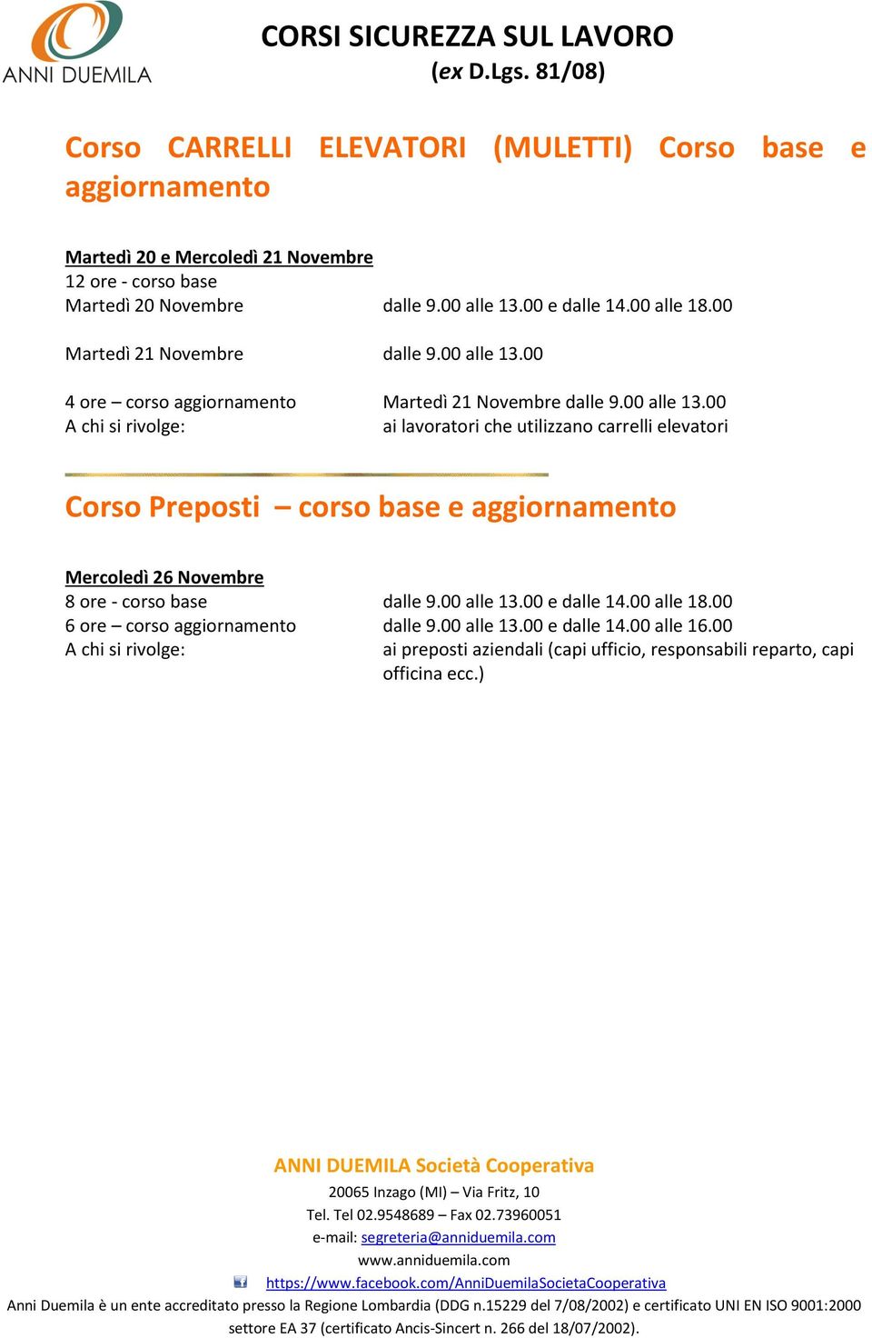 00 4 ore corso aggiornamento Martedì 21 Novembre dalle 9.00 alle 13.