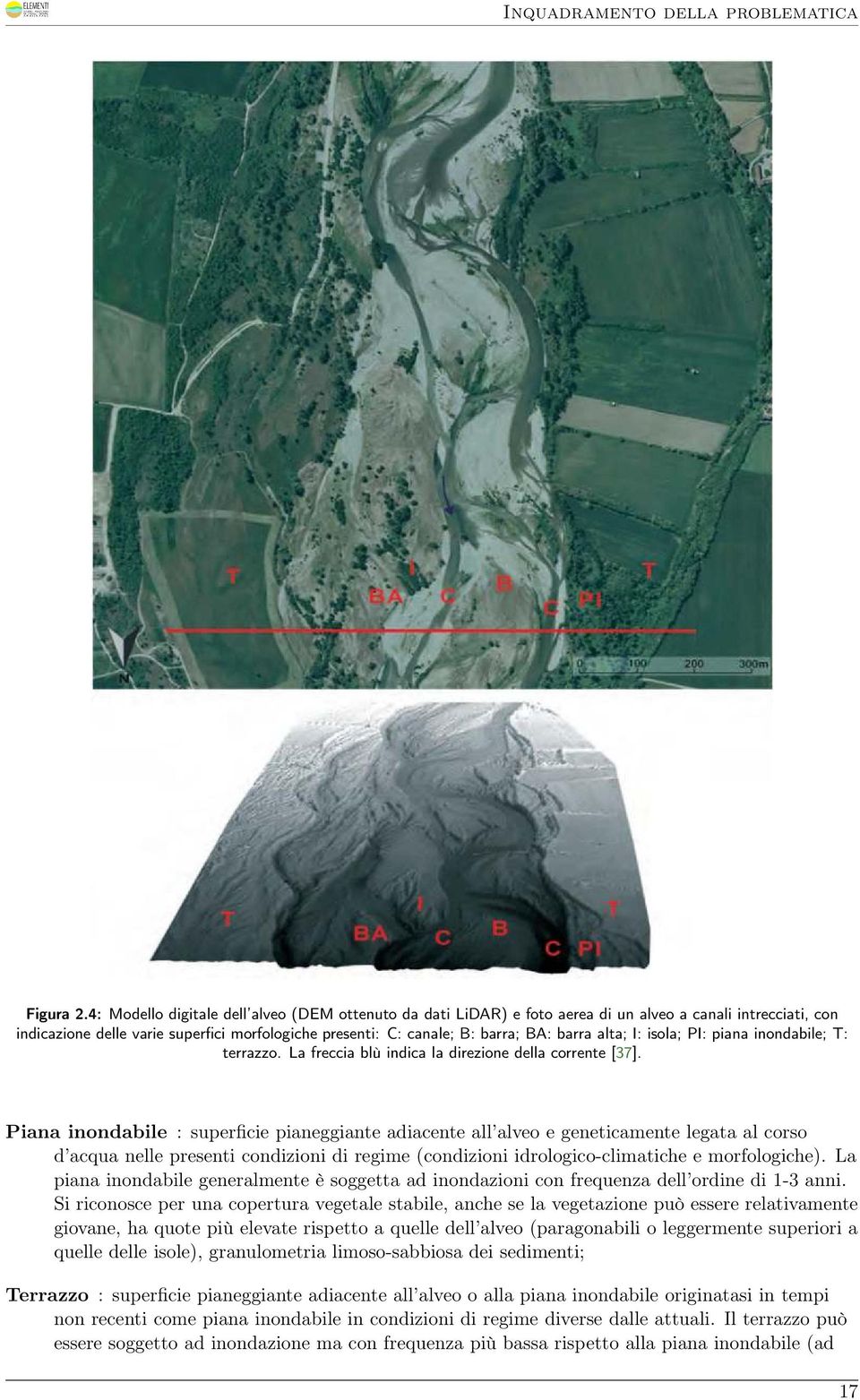 alta; I: isola; PI: piana inondabile; T: terrazzo. La freccia blù indica la direzione della corrente [37].