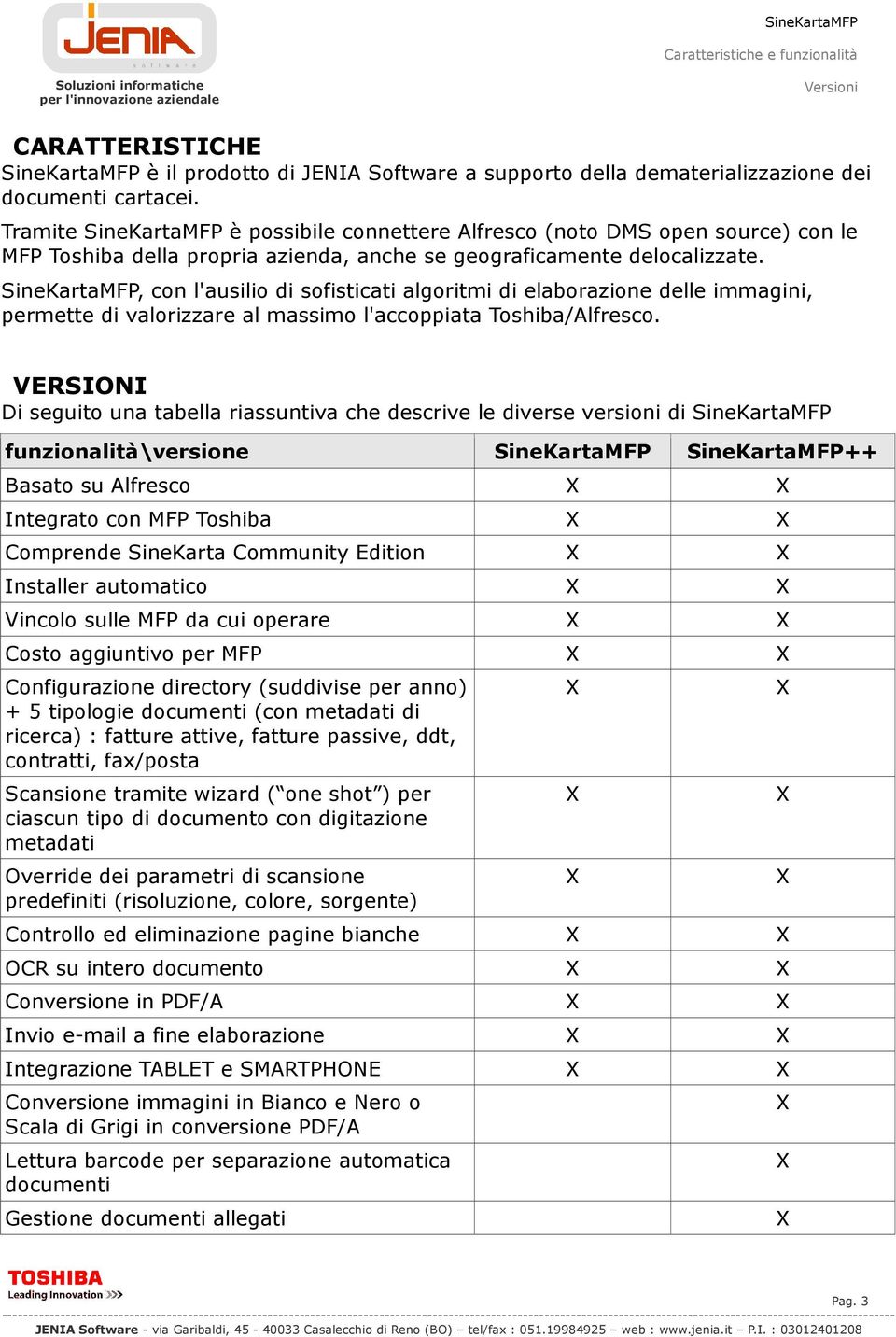 SineKartaMFP, con l'ausilio di sofisticati algoritmi di elaborazione delle immagini, permette di valorizzare al massimo l'accoppiata Toshiba/Alfresco.