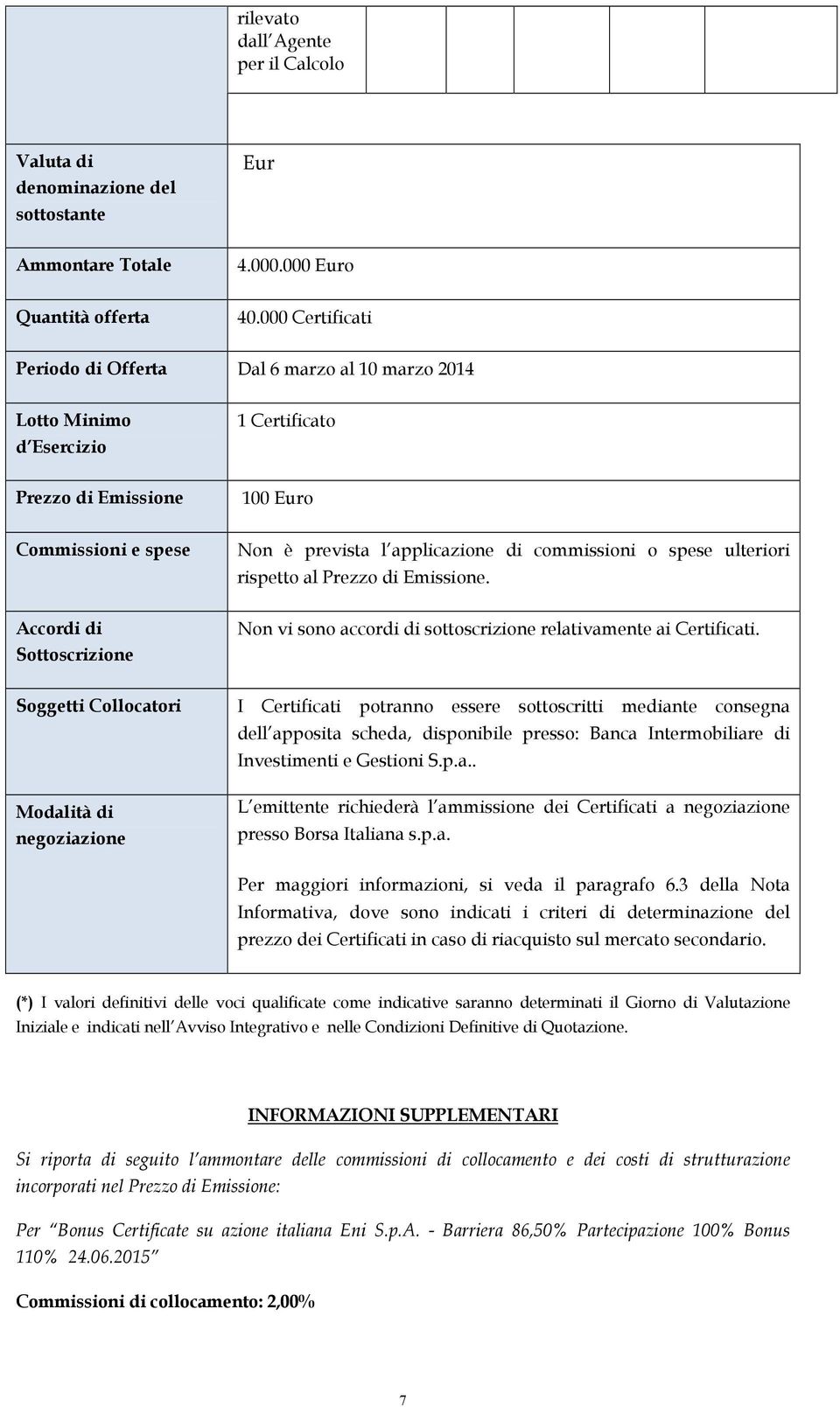 spese ulteriori rispetto al Prezzo di Emissione. Accordi di Sottoscrizione Non vi sono accordi di sottoscrizione relativamente ai Certificati.