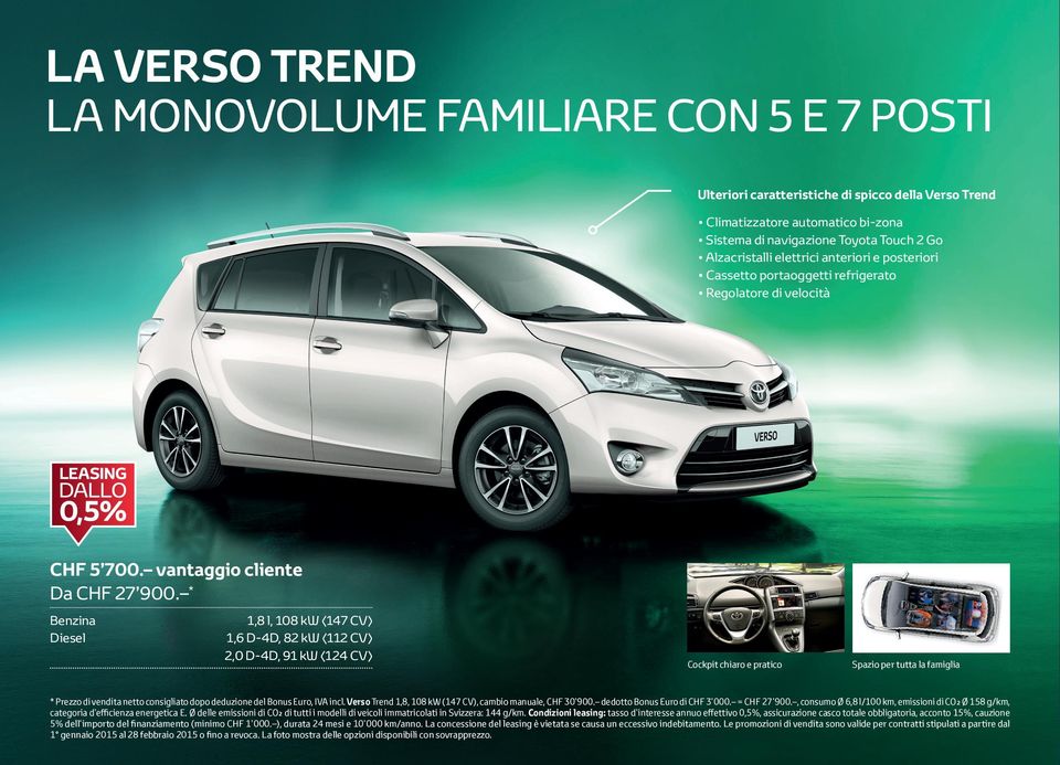 * Benzina Diesel 1,8 l, 108 kw (147 CV) 1,6 D-4D, 82 kw (112 CV) 2,0 D-4D, 91 kw (124 CV) Cockpit chiaro e pratico Spazio per tutta la famiglia * Prezzo di vendita netto consigliato dopo deduzione